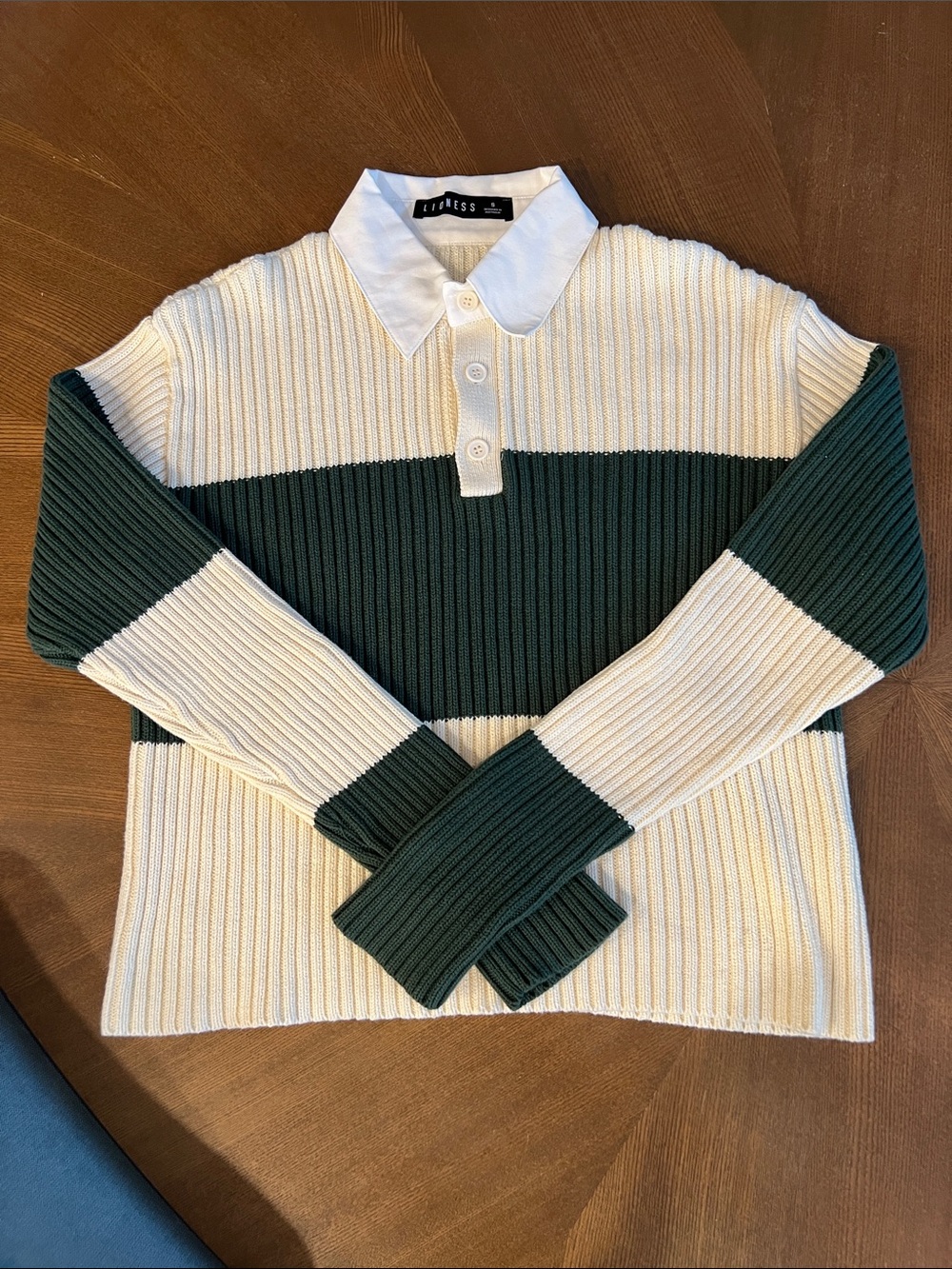🦁NWOT | LIONESS 100% Cotton Cream & Green L/S Rugby Sweater w/ Collar | Size S